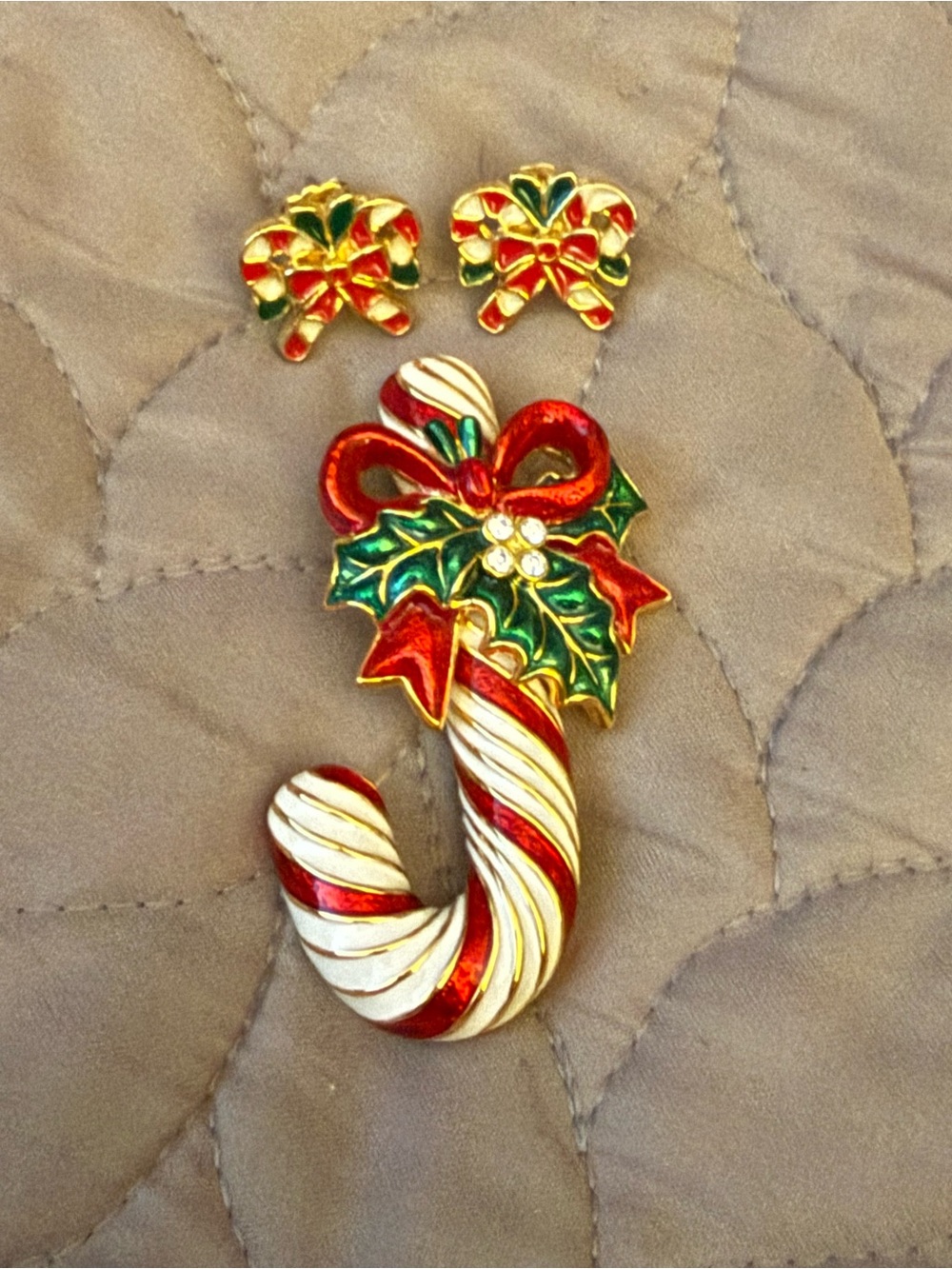 Festive Candy Cane Brooch and Earring Set - Red, Green, White